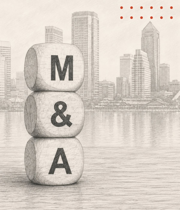 Pencil sketch of stacked wooden blocks spelling "M&A" in front of a faint illustration of the Jacksonville skyline, symbolizing mergers, acquisitions, and corporate finance.