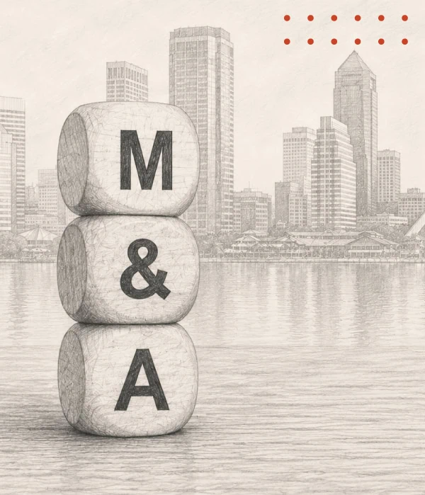 Pencil sketch of stacked wooden blocks spelling "M&A" in front of a faint illustration of the Jacksonville skyline, symbolizing mergers, acquisitions, and corporate finance.