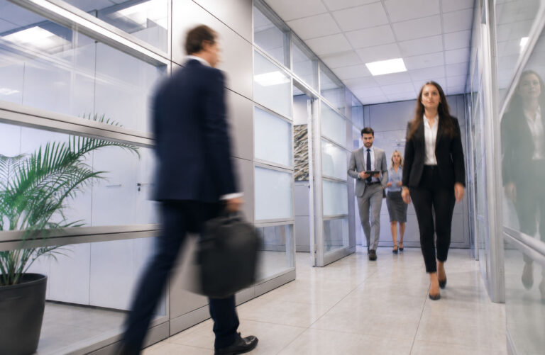 abstract business people walking in hallway blurred out