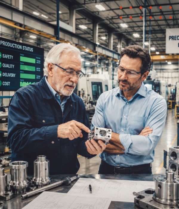 Two engineers reviewing a precision-machined metal component inside a modern industrial manufacturing facility with CNC machines and metal parts in the background.