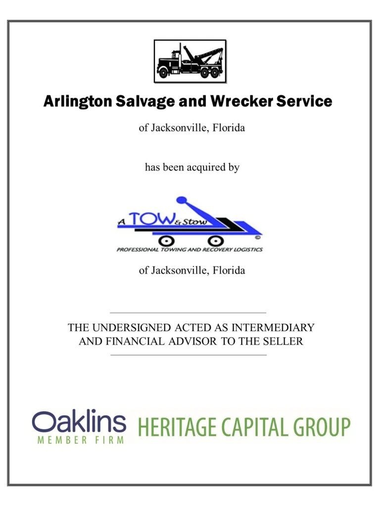 Heritage Capital Group Announces the Sale of Arlington Wrecker Service