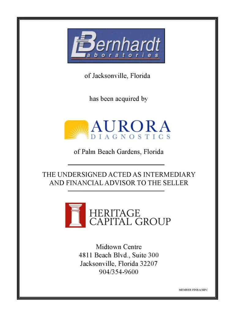 Heritage Capital Group Announces the Sale of Bernhardt Laboratories