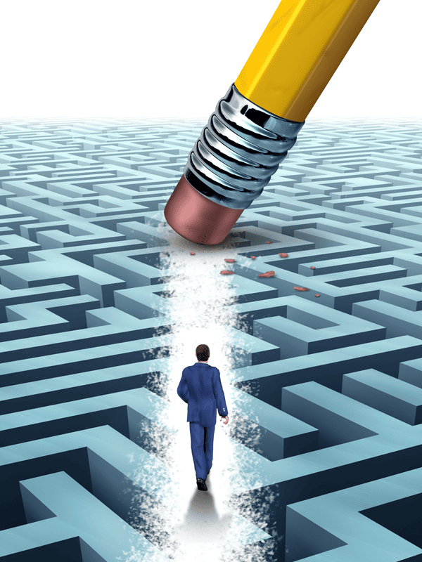 illustration of man walking through maze with pathway being formed via pencil eraser